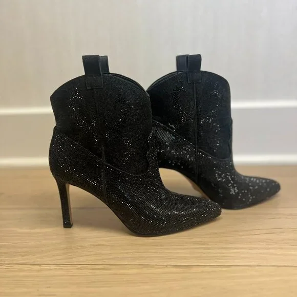 Black Rhinestone Heeled Booties Size 8.5 - Picture 1 of 5